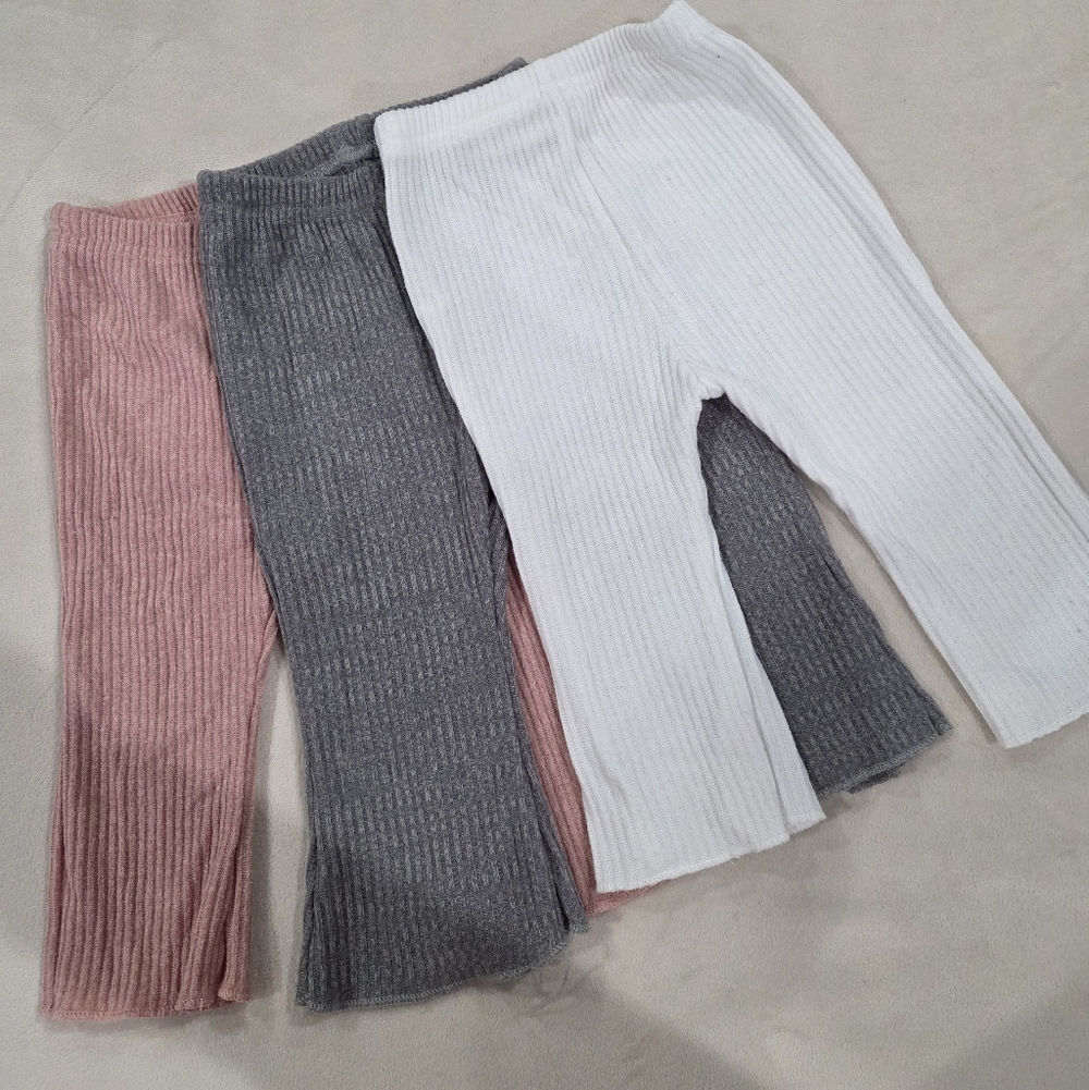 Kids Ribbed Pants Set - Pink, Gray, and White